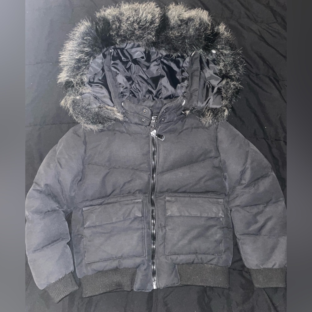 Black Puffer Jacket with Faux Fur Hood for boys